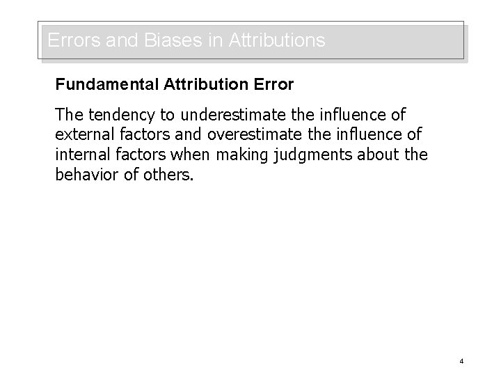 Errors and Biases in Attributions Fundamental Attribution Error The tendency to underestimate the influence