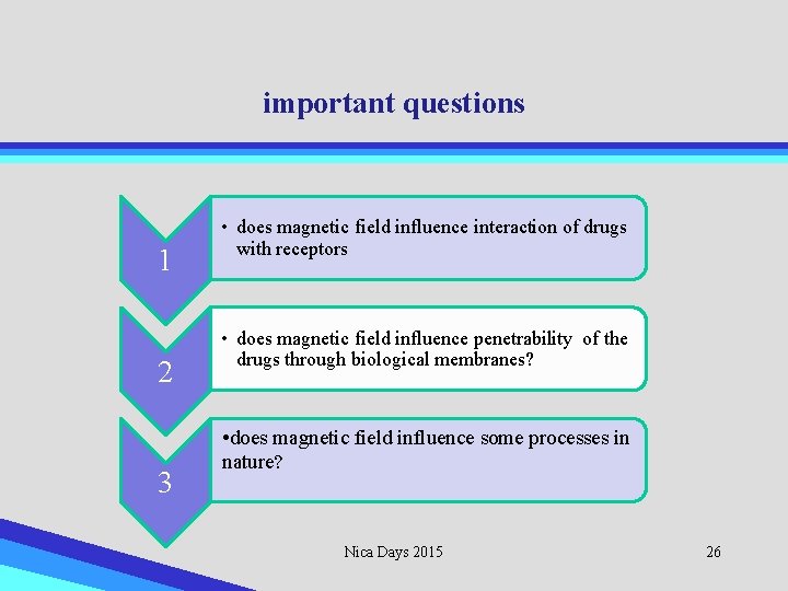 important questions 1 2 3 • does magnetic field influence interaction of drugs with