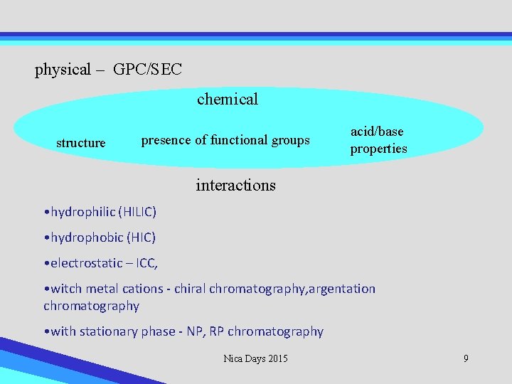 physical – GPC/SEC chemical structure presence of functional groups acid/base properties interactions • hydrophilic