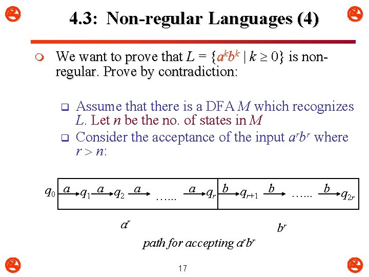  4. 3: Non-regular Languages (4) m We want to prove that L =