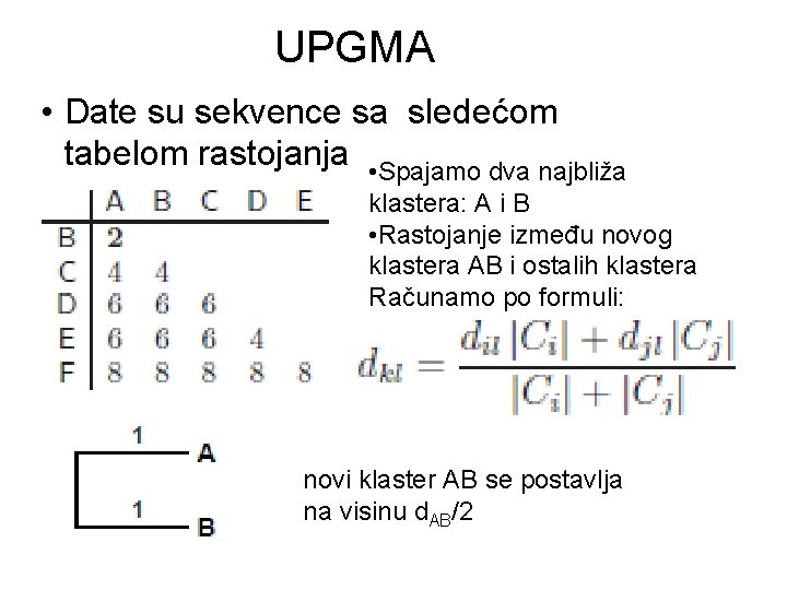 UPGMA • Date su sekvence sa sledećom tabelom rastojanja • Spajamo dva najbliža klastera: