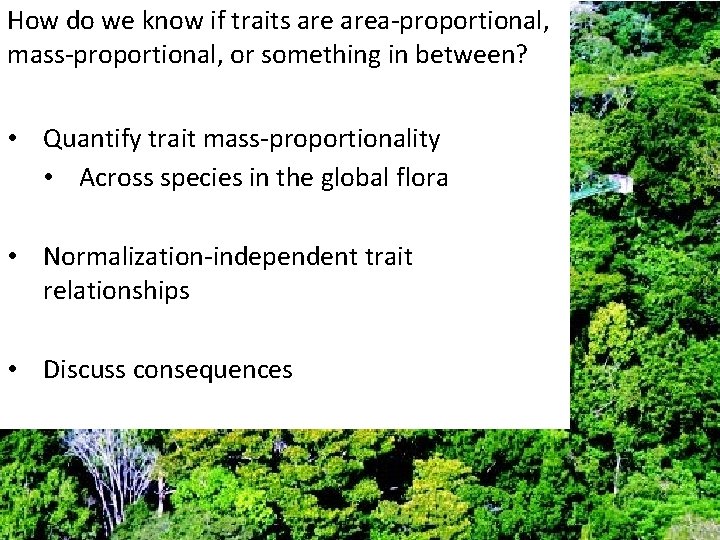 How do we know if traits area-proportional, mass-proportional, or something in between? • Quantify