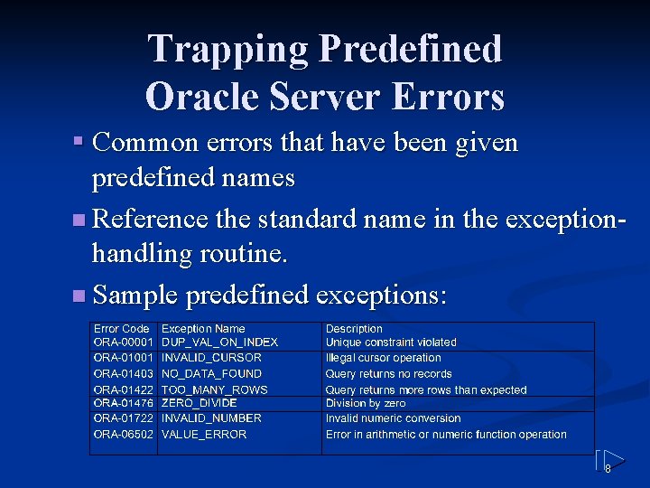 Trapping Predefined Oracle Server Errors § Common errors that have been given predefined names