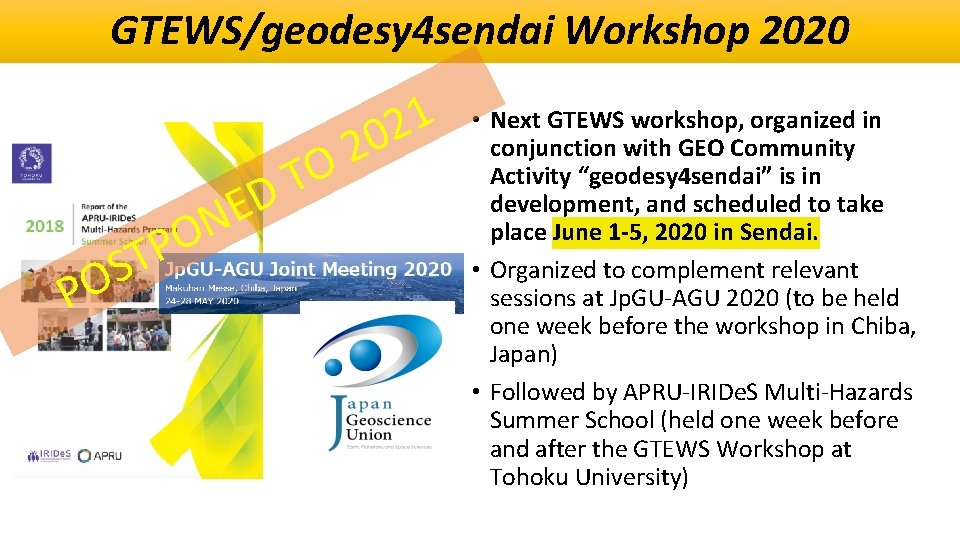 GTEWS/geodesy 4 sendai Workshop 2020 1 2 0 PO P T S N O