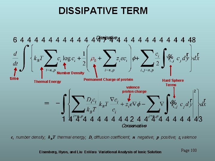 DISSIPATIVE TERM Number Density time Thermal Energy Permanent Charge of protein valence proton charge DISSIPATIVE TERM Number Density time Thermal Energy Permanent Charge of protein valence proton charge