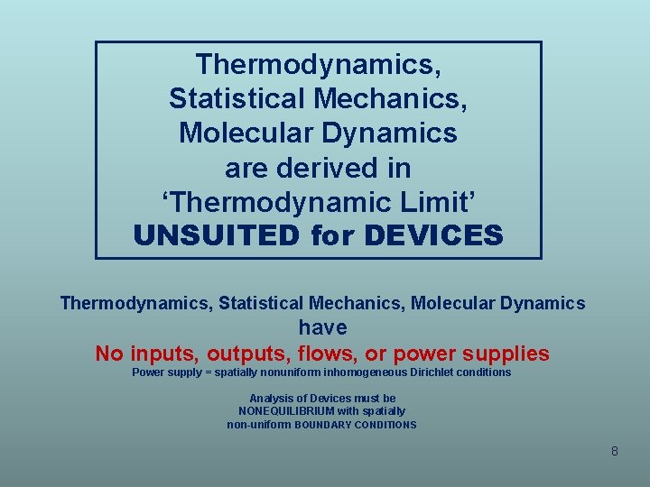 Thermodynamics, Statistical Mechanics, Molecular Dynamics are derived in ‘Thermodynamic Limit’ UNSUITED for DEVICES Thermodynamics, Thermodynamics, Statistical Mechanics, Molecular Dynamics are derived in ‘Thermodynamic Limit’ UNSUITED for DEVICES Thermodynamics,