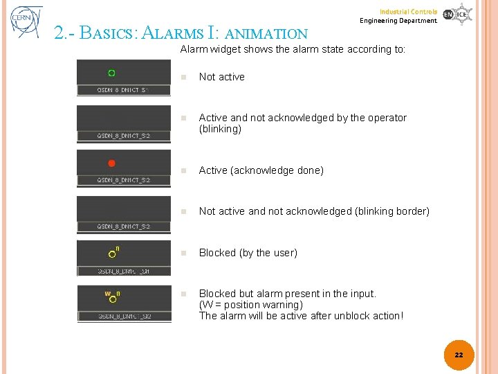 2. - BASICS: ALARMS I: ANIMATION Industrial Controls Engineering Department Alarm widget shows the