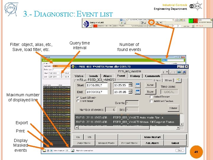 Industrial Controls Engineering Department 3. - DIAGNOSTIC: EVENT LIST Filter: object, alias, etc, Save,