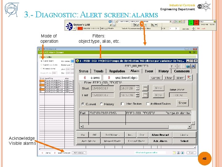 3. - DIAGNOSTIC: ALERT SCREEN: ALARMS Mode of operation Industrial Controls Engineering Department Filters: