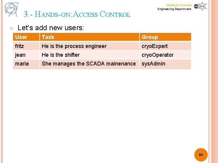 3. - HANDS-ON: ACCESS CONTROL n Industrial Controls Engineering Department Let’s add new users: