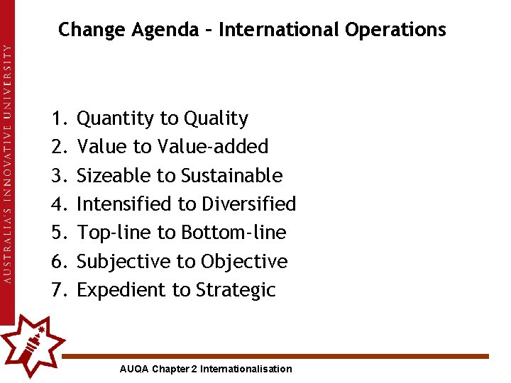 Change Agenda – International Operations 1. 2. 3. 4. 5. 6. 7. Quantity to