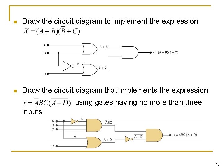n Draw the circuit diagram to implement the expression n Draw the circuit diagram