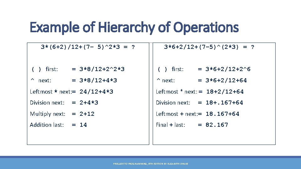 Example of Hierarchy of Operations 3*(6+2)/12+(7– 5)^2*3 = ? 3*6+2/12+(7– 5)^(2*3) = ? (