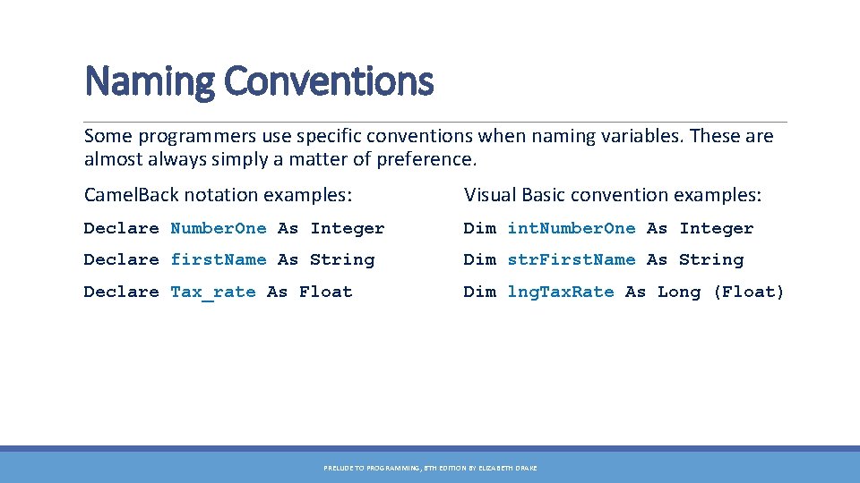 Naming Conventions Some programmers use specific conventions when naming variables. These are almost always