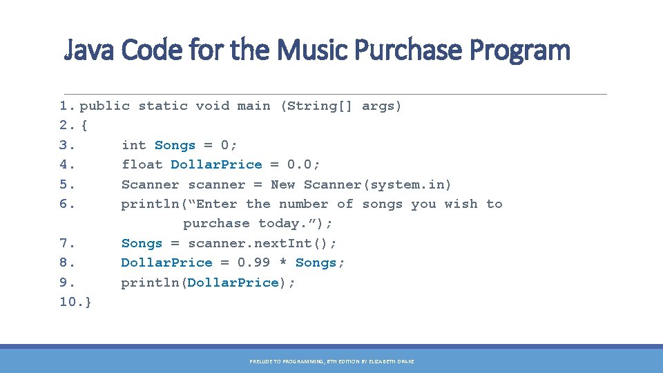 Java Code for the Music Purchase Program 1. public static void main (String[] args)