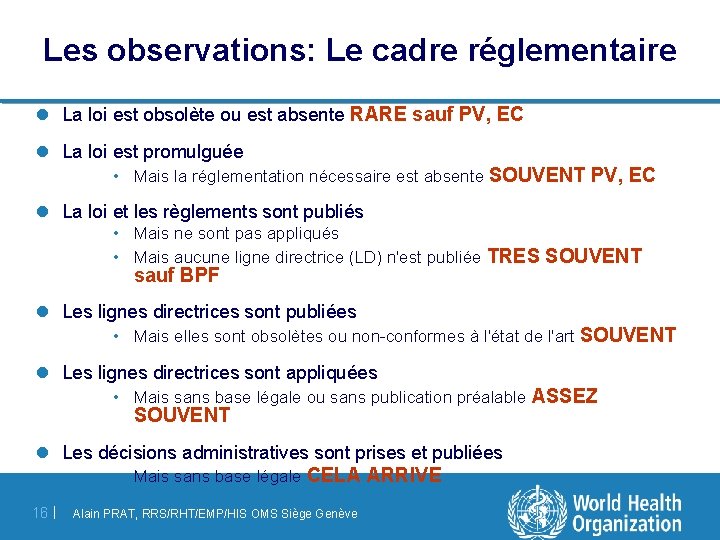 Les observations: Le cadre réglementaire l La loi est obsolète ou est absente RARE