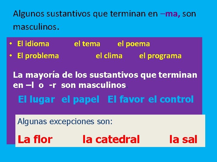 Algunos sustantivos que terminan en –ma, son masculinos. • El idioma • El problema