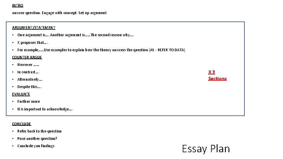 INTRO answer question. Engage with concept. Set up argument ARGUMENT/STATEMENT • One argument is….