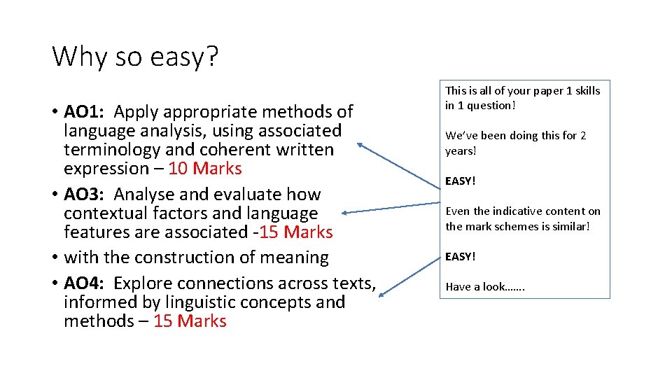 Why so easy? • AO 1: Apply appropriate methods of language analysis, using associated