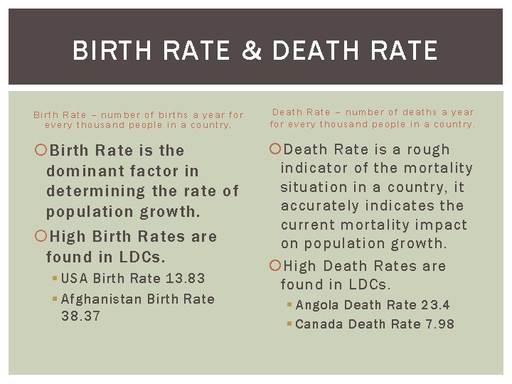 BIRTH RATE & DEATH RATE Birth Rate – number of births a year for