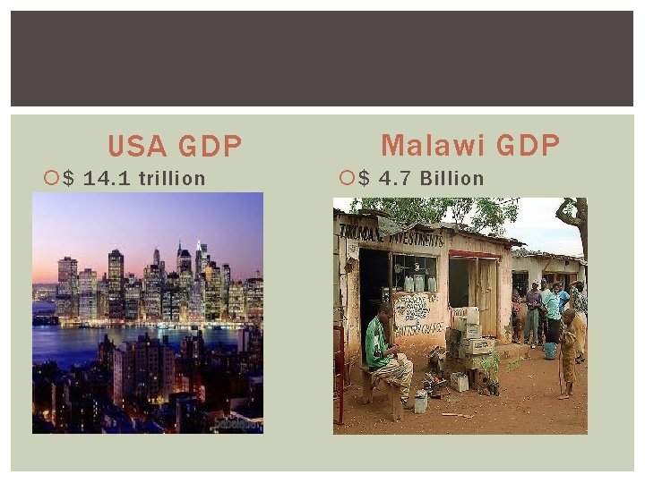 USA GDP $ 14. 1 trillion Malawi GDP $ 4. 7 Billion 