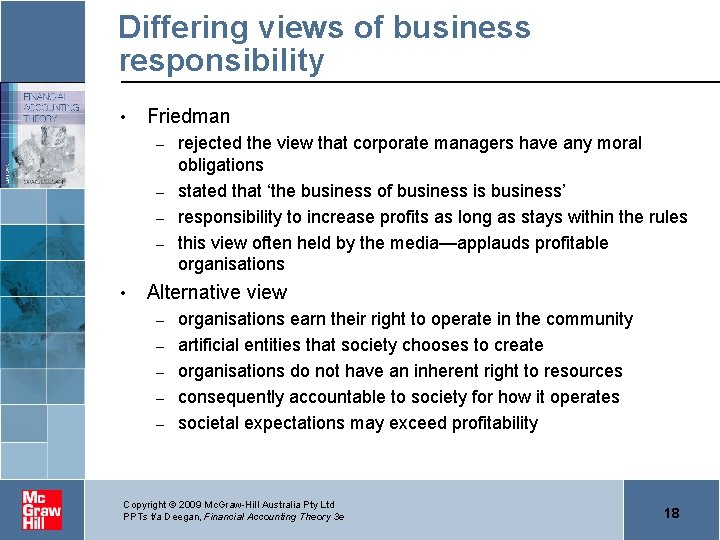 Differing views of business responsibility • Friedman rejected the view that corporate managers have