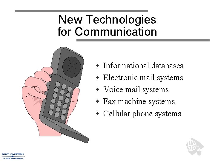 New Technologies for Communication w w w Informational databases Electronic mail systems Voice mail