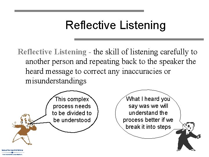 Reflective Listening - the skill of listening carefully to another person and repeating back