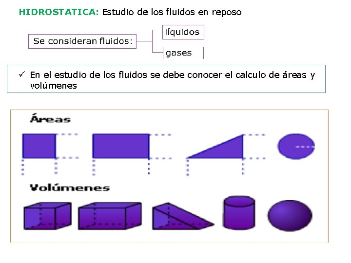 HIDROSTATICA: Estudio de los fluidos en reposo ü En el estudio de los fluidos