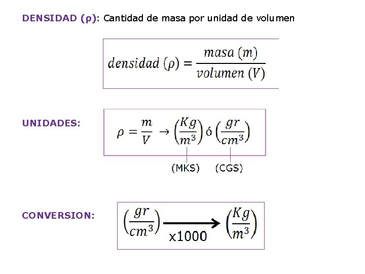 DENSIDAD (ρ): Cantidad de masa por unidad de volumen UNIDADES: CONVERSION: 