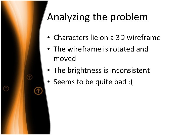 Analyzing the problem • Characters lie on a 3 D wireframe • The wireframe