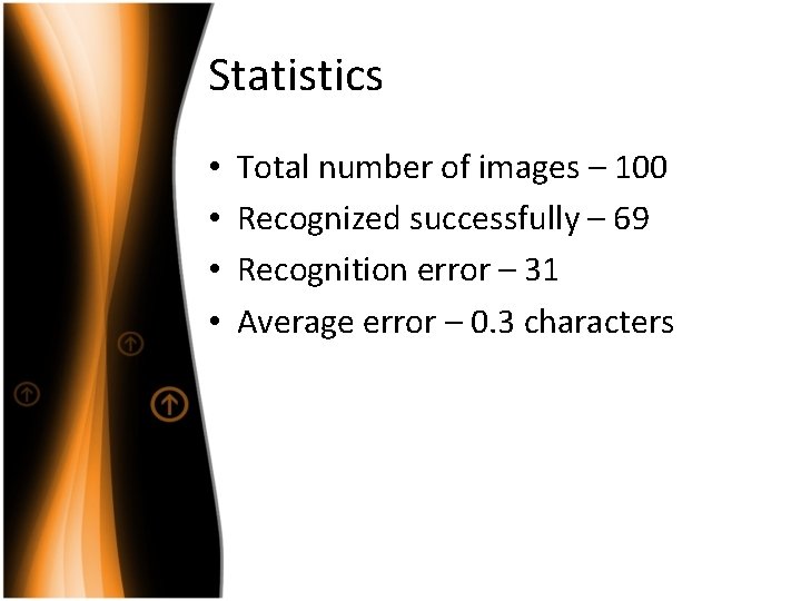 Statistics • • Total number of images – 100 Recognized successfully – 69 Recognition