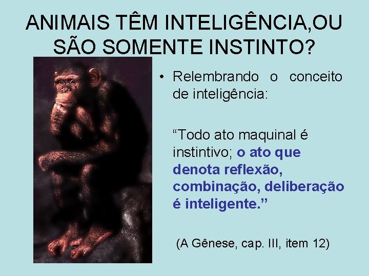 ANIMAIS TÊM INTELIGÊNCIA, OU SÃO SOMENTE INSTINTO? • Relembrando o conceito de inteligência: “Todo