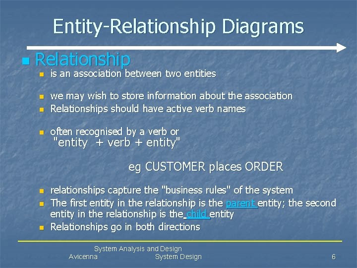 Entity-Relationship Diagrams n Relationship n is an association between two entities n we may