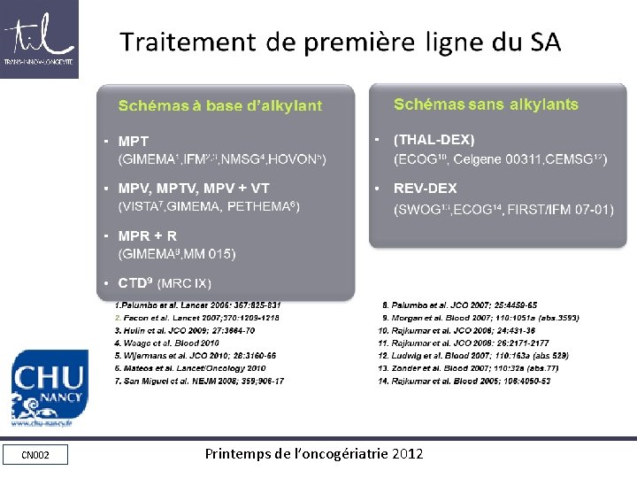 Traitement de première ligne du SA CN 002 Printemps de l’oncogériatrie 2012 Traitement de première ligne du SA CN 002 Printemps de l’oncogériatrie 2012