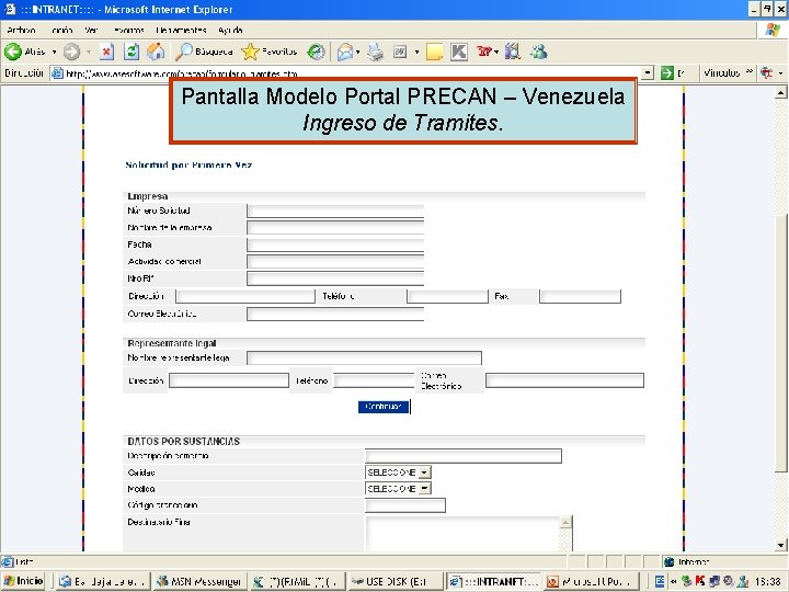 Pantalla Modelo Portal PRECAN – Venezuela Ingreso de Tramites. 