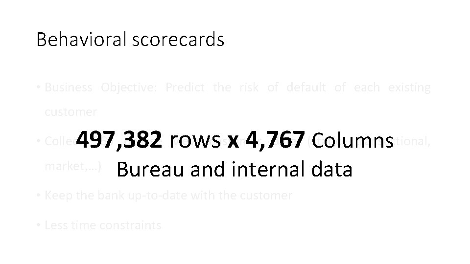 Behavioral scorecards • Business Objective: Predict the risk of default of each existing customer