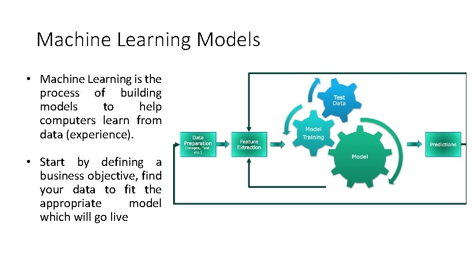 Machine Learning Models • Machine Learning is the process of building models to help