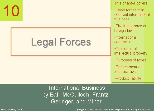This chapter covers: 10 • Legal forces that confront international business • The importance