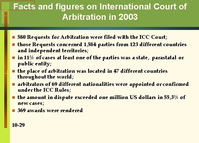 Facts and figures on International Court of Arbitration in 2003 n n n n