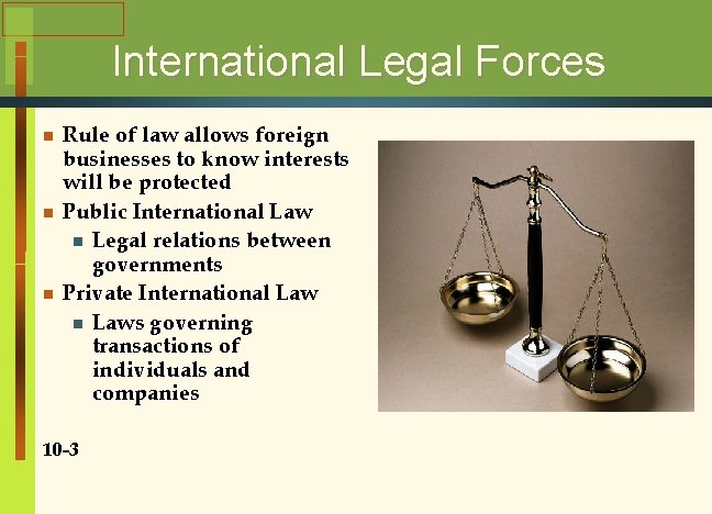 International Legal Forces n n n Rule of law allows foreign businesses to know