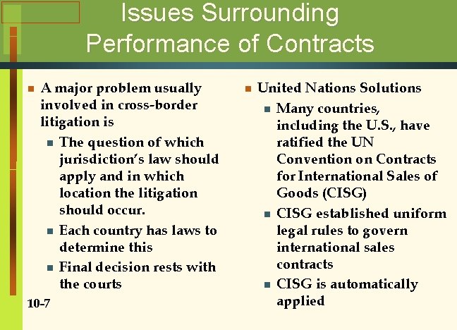 Issues Surrounding Performance of Contracts n A major problem usually involved in cross-border litigation
