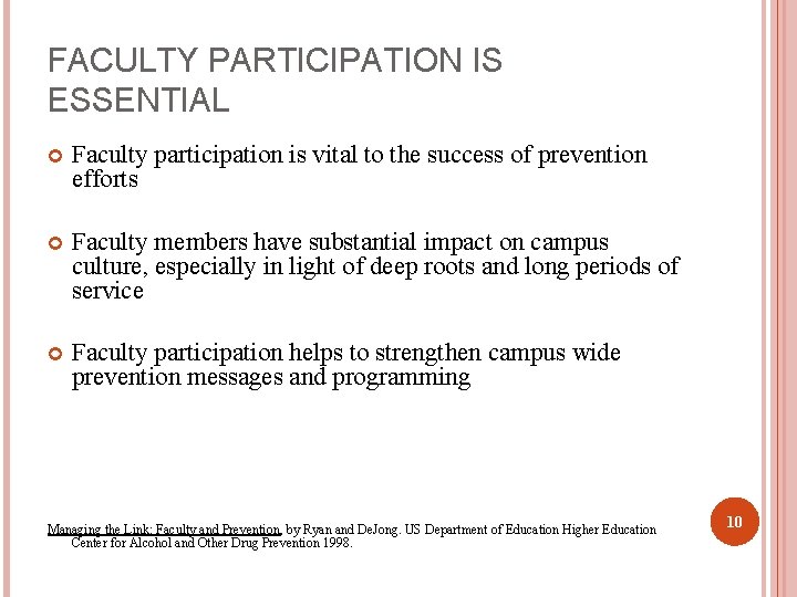 FACULTY PARTICIPATION IS ESSENTIAL Faculty participation is vital to the success of prevention efforts