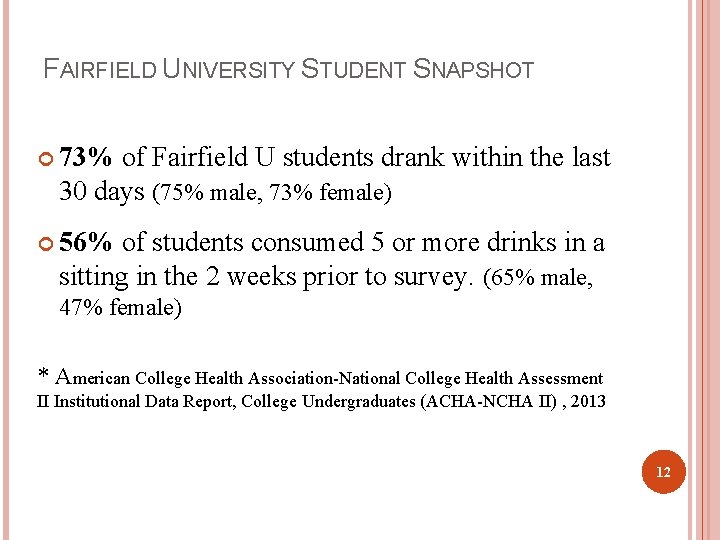 FAIRFIELD UNIVERSITY STUDENT SNAPSHOT 73% of Fairfield U students drank within the last 30