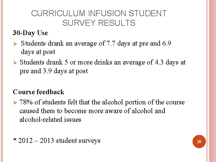 CURRICULUM INFUSION STUDENT SURVEY RESULTS 30 -Day Use Ø Students drank an average of
