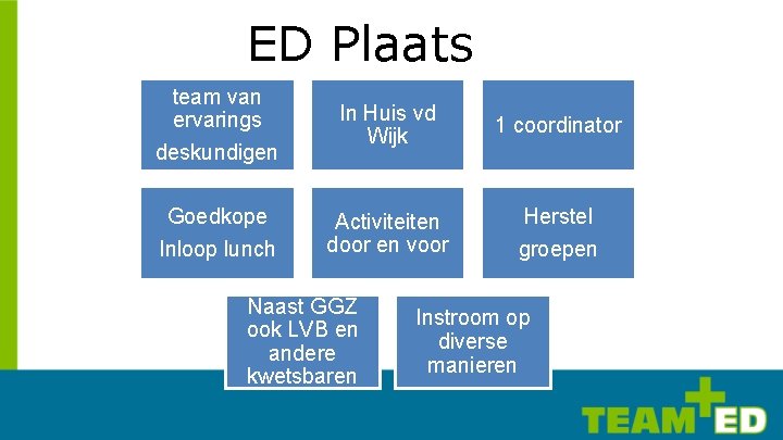ED Plaats team van ervarings deskundigen In Huis vd Wijk 1 coordinator Goedkope Inloop