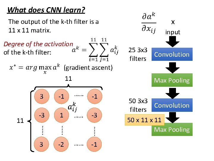 What does CNN learn? The output of the k-th filter is a 11 x