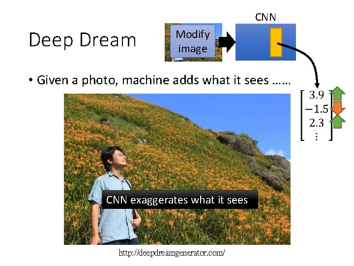 CNN Deep Dream Modify image • Given a photo, machine adds what it sees