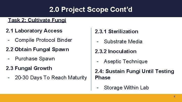 2. 0 Project Scope Cont’d Task 2: Cultivate Fungi 2. 1 Laboratory Access -