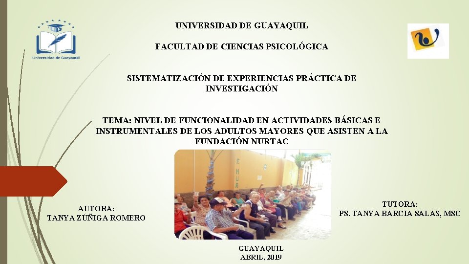 UNIVERSIDAD DE GUAYAQUIL FACULTAD DE CIENCIAS PSICOLÓGICA SISTEMATIZACIÓN DE EXPERIENCIAS PRÁCTICA DE INVESTIGACIÓN TEMA: